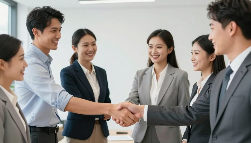 Business handshake representing partnership between MAIKONG and US wellness businesses