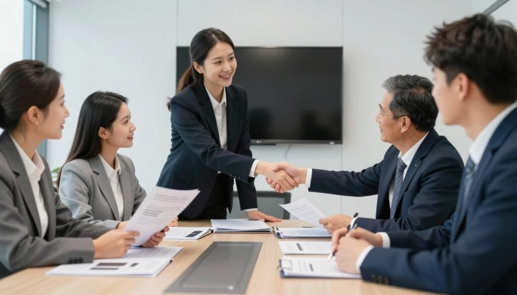 Business meeting between medical equipment distributor and manufacturer representatives