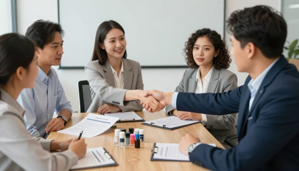Business meeting discussing distributor partnership for colonic machines Business meeting discussing distributor partnership for colonic machines