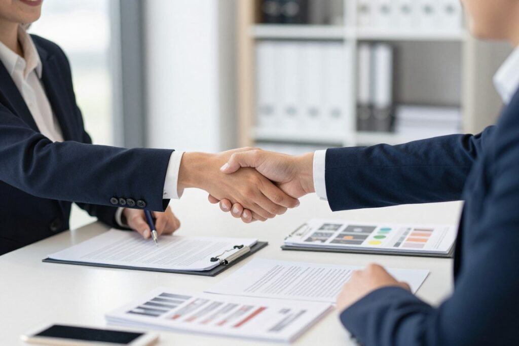 Business meeting discussing distributor partnership terms Business meeting discussing distributor partnership terms