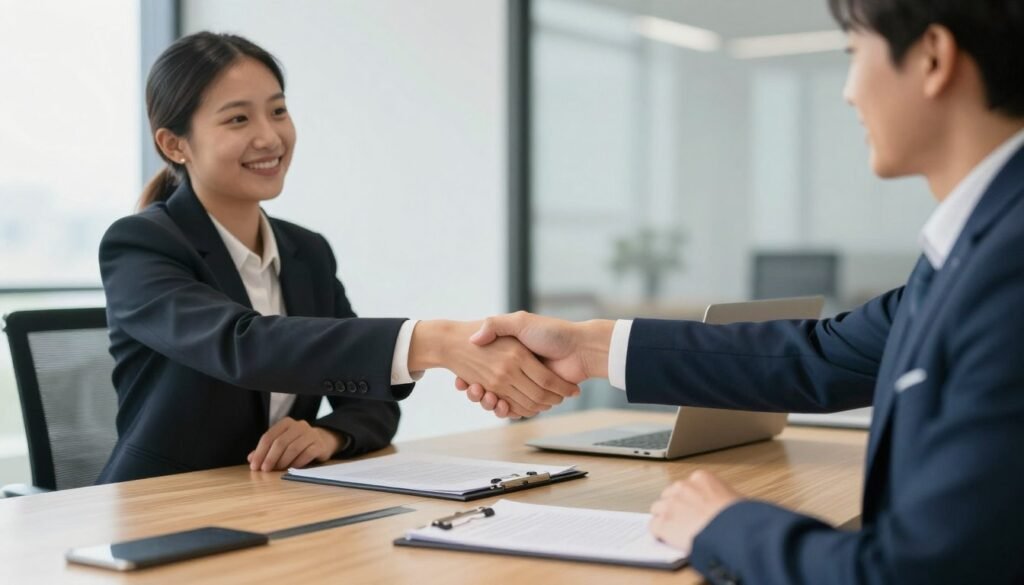 Business partners shaking hands in modern office