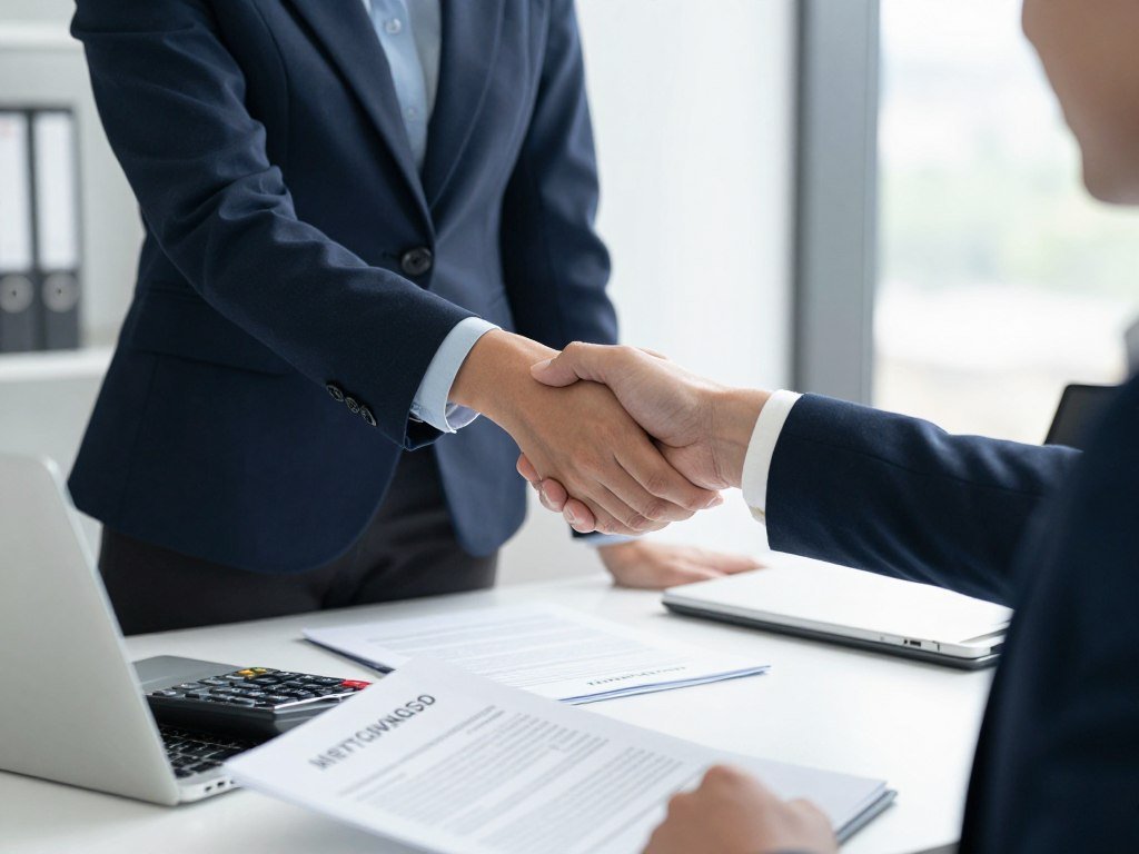 Business professionals reviewing equipment purchase documents and contracts