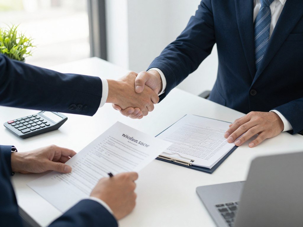 Business professionals reviewing wholesale pricing documents and contracts