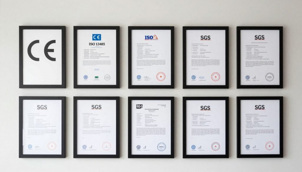 Display of MAIKONG quality certifications including CE, ISO, and SGS certificates