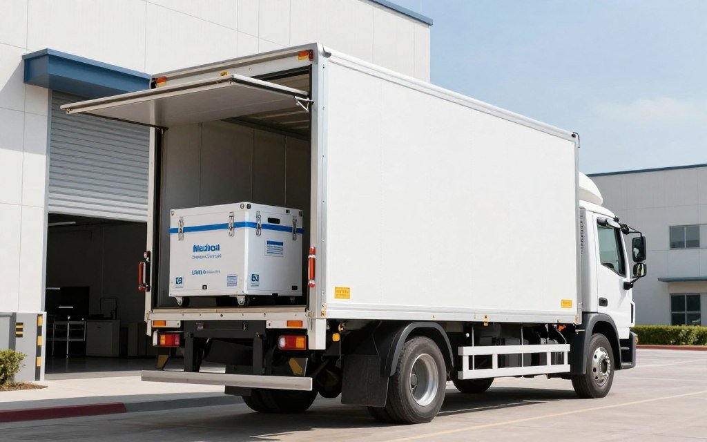 Freight delivery truck with liftgate delivering medical equipment to clinic Freight delivery truck with liftgate delivering medical equipment to clinic