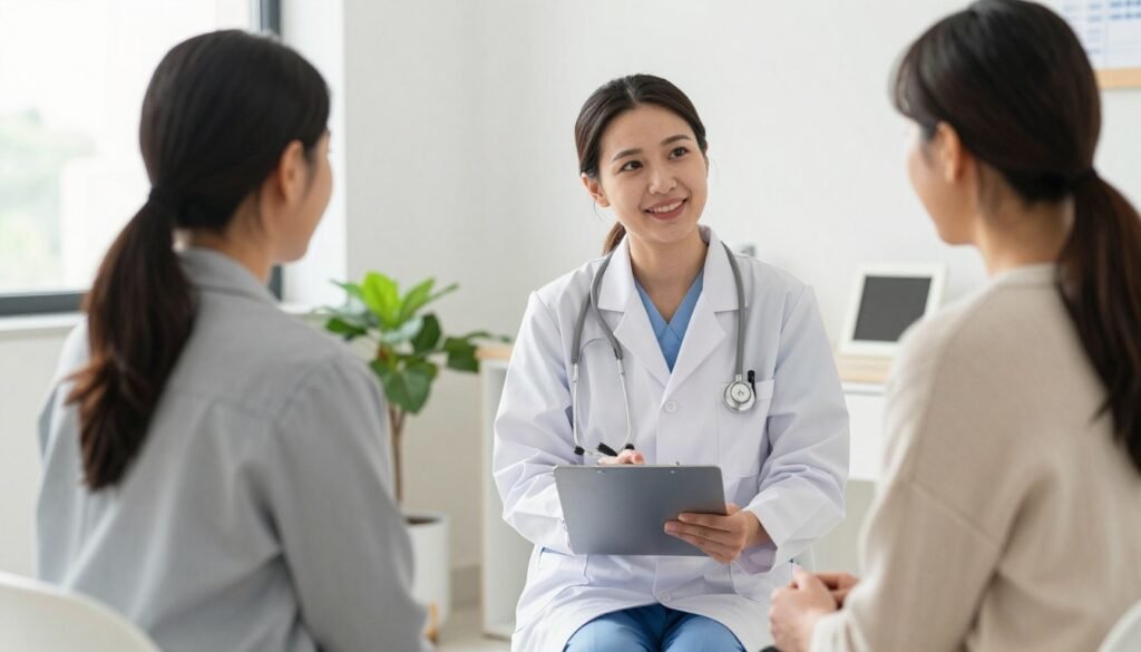 Healthcare professional answering client questions about colonic procedure
