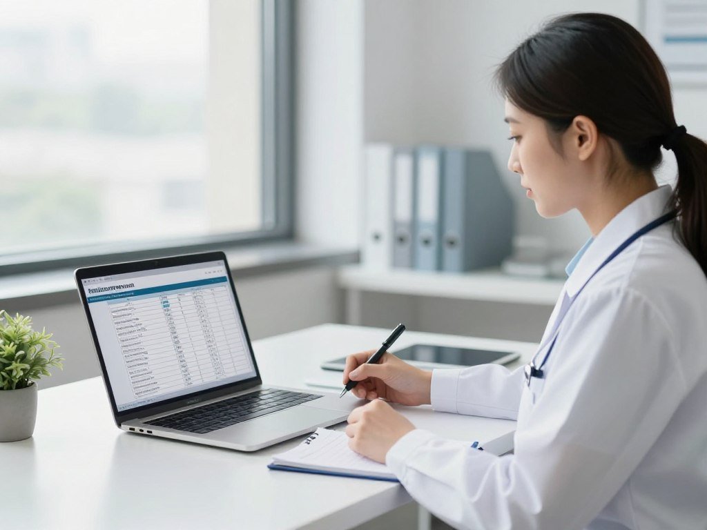 Healthcare professional researching medical equipment online with laptop and documents