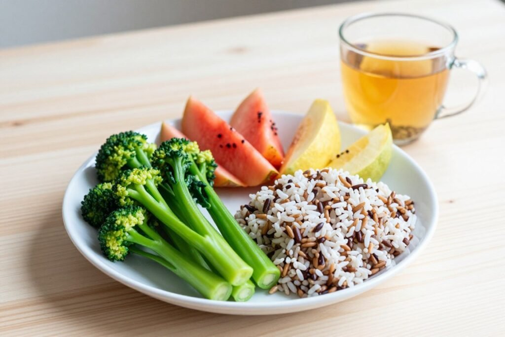 Healthy post-treatment meal with vegetables, fruits, and herbal tea