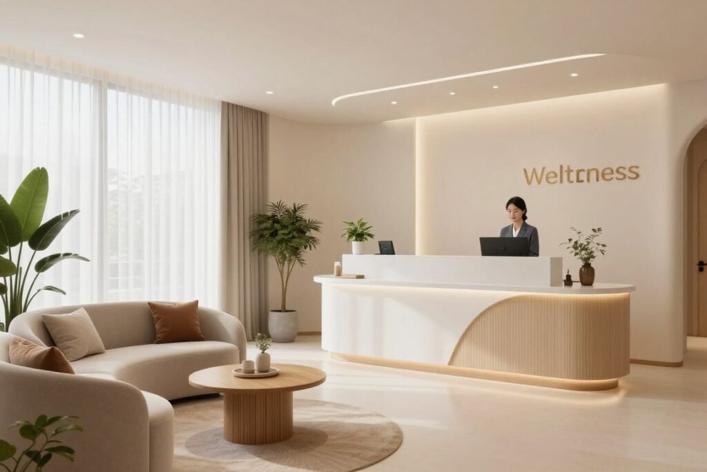 Modern wellness center reception area welcoming new clients