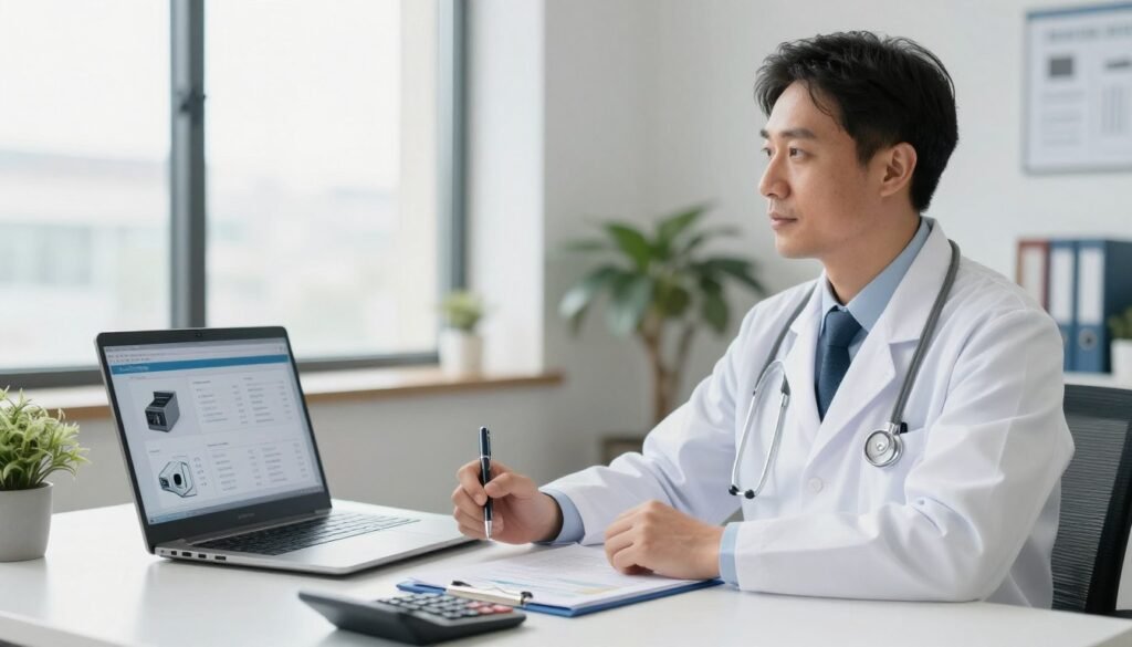 Professional making informed business decision with laptop and documents Professional making informed business decision with laptop and documents
