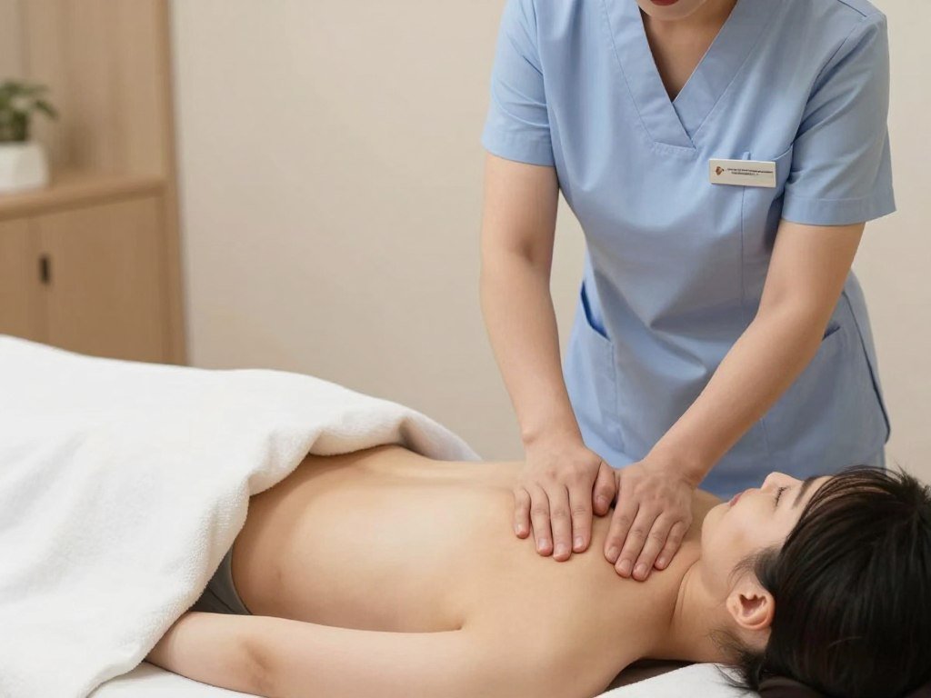 Professional therapist performing abdominal massage during colon hydrotherapy treatment