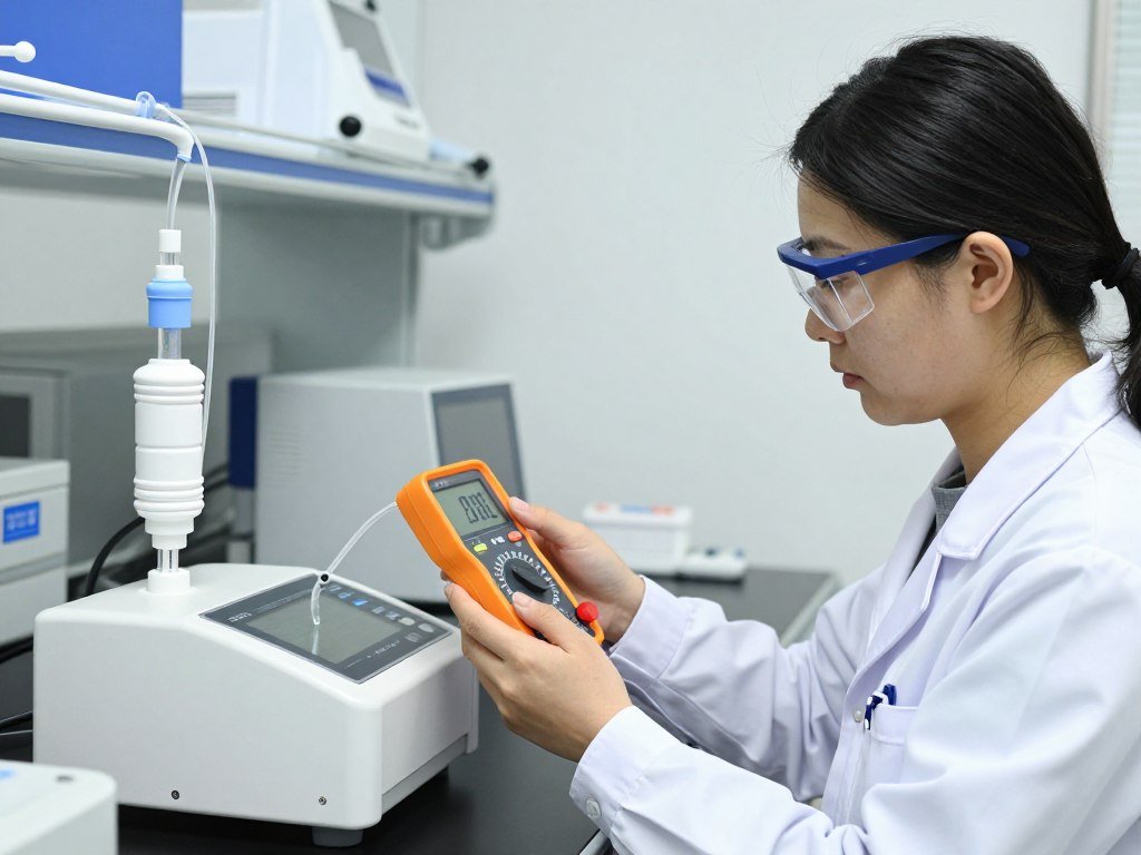 Quality control technician testing clysmatic colonic machine water flow and temperature systems