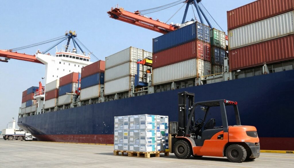 Shipping containers being loaded with MAIKONG colonic machines for international export