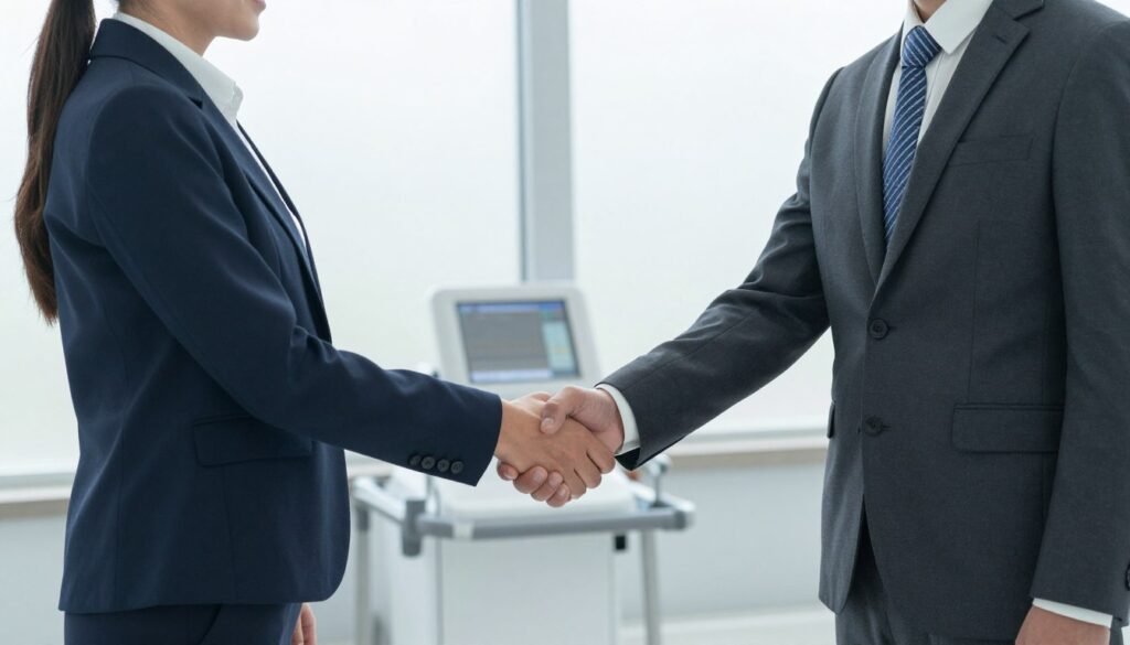 Successful business partnership handshake in modern office