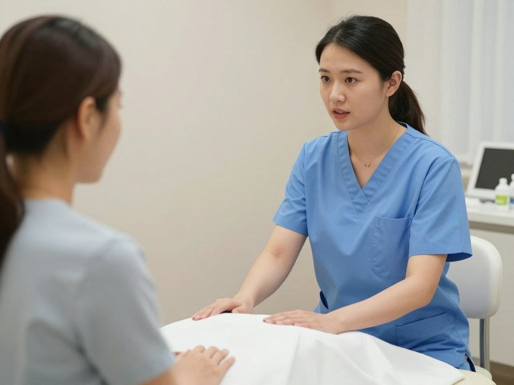 Therapist communicating with client during colonic treatment