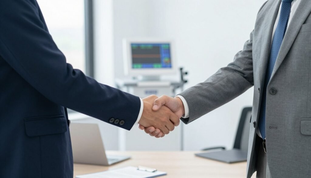 US business partnership handshake for medical equipment distribution