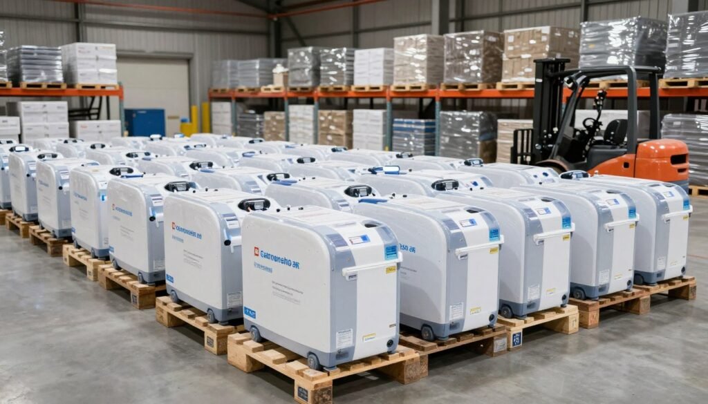 Warehouse filled with packaged clysmatic colonic machines ready for wholesale distribution