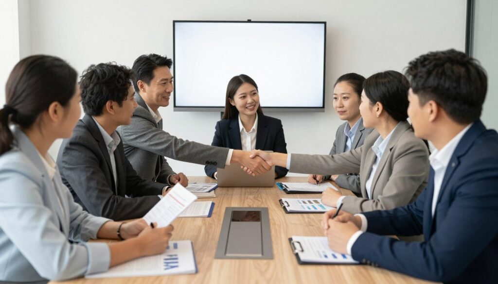 business meeting discussing medical equipment distribution partnership