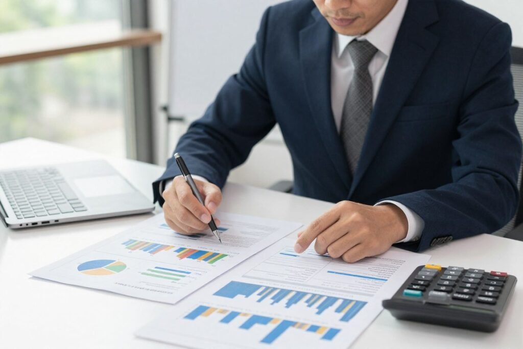 business owner reviewing equipment proposals and making decision business owner reviewing equipment proposals and making decision