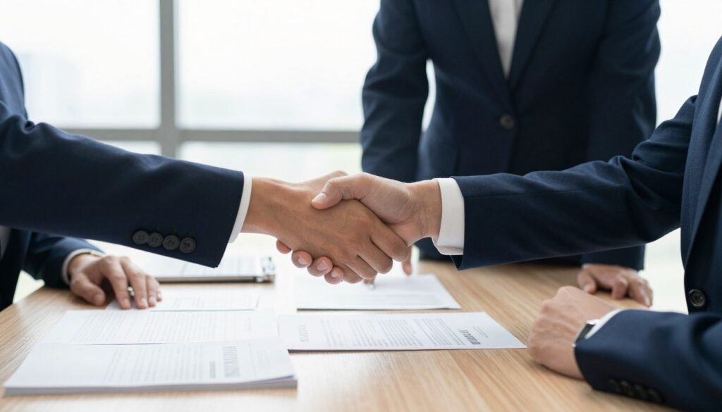 Business owner signing equipment purchase contract with supplier representative