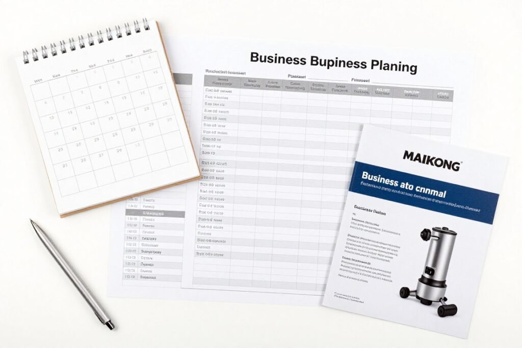 Business planning calendar showing equipment purchase timeline and decision points