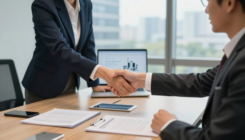 Business professionals shaking hands in modern office setting, partnership agreement