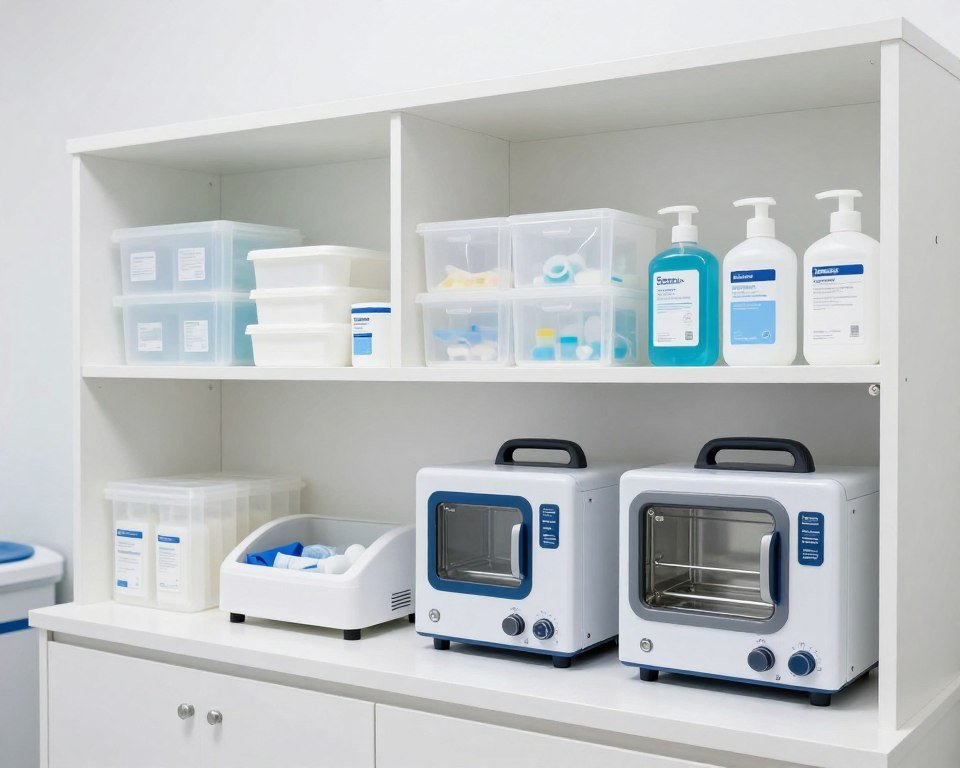 Clean, organized colon hydrotherapy equipment storage and sanitation area
