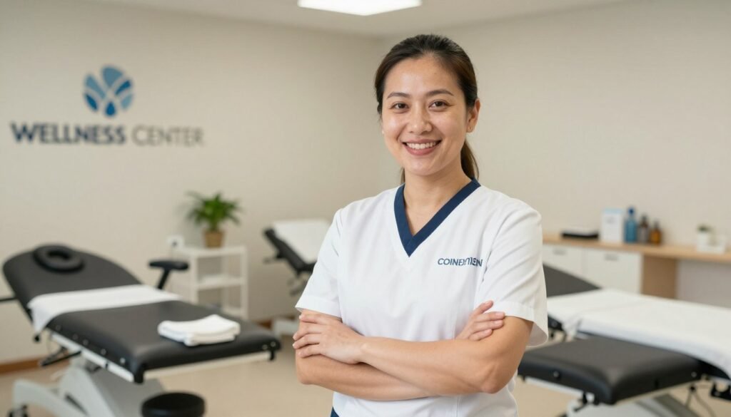 Confident wellness center owner with successful colonic machine for sale commercial operation Confident wellness center owner with successful colonic machine for sale commercial operation
