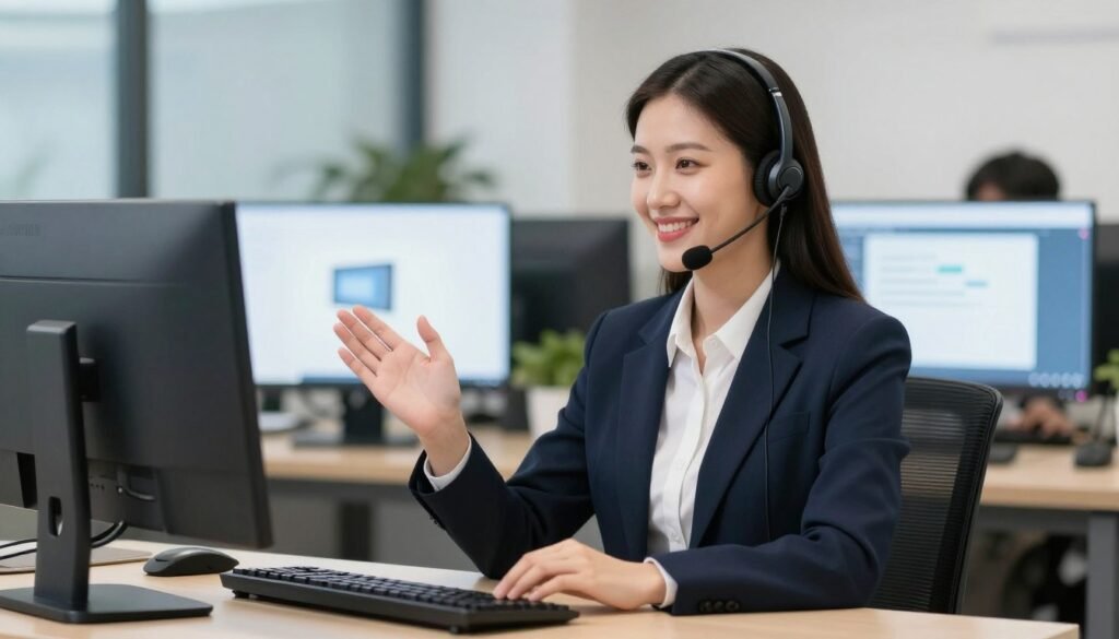 Customer service representative assisting client with equipment questions