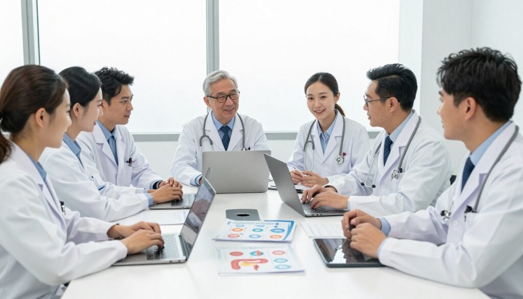 Diverse healthcare team collaborating in modern medical facility conference room