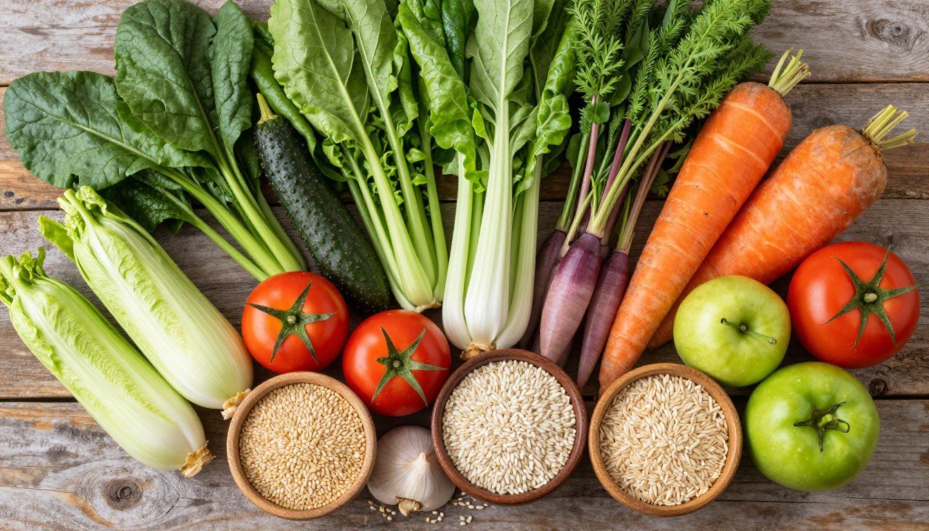 Fresh vegetables and fruits arranged on a wooden table representing gut cleanse foods