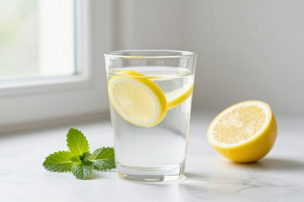 Glass of water with lemon and fresh herbs for natural detox Glass of water with lemon and fresh herbs for natural detox