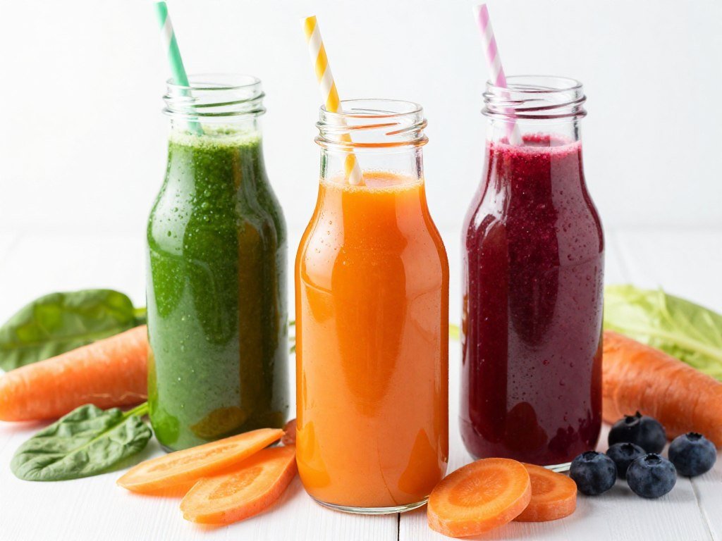 Green detox smoothies and fresh vegetable juices in glasses