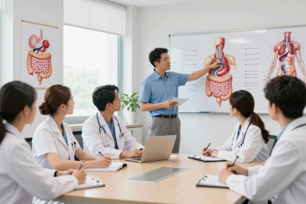 Healthcare professional explaining medical terminology to colleagues using anatomical charts