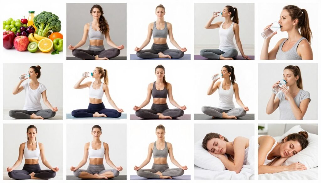 Healthy lifestyle collage showing exercise nutrition and wellness habits