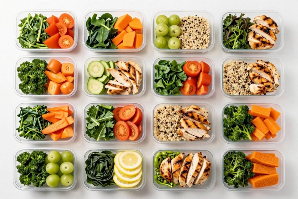Healthy meal prep containers with vegetables and lean proteins Healthy meal prep containers with vegetables and lean proteins