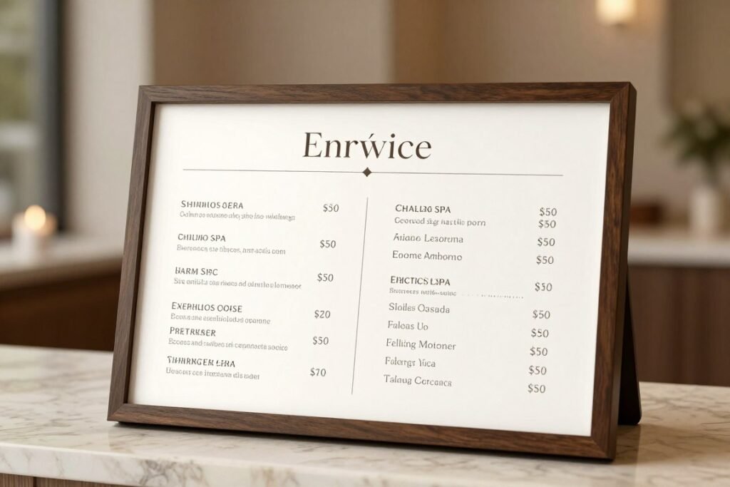 Luxury spa price menu and service offerings