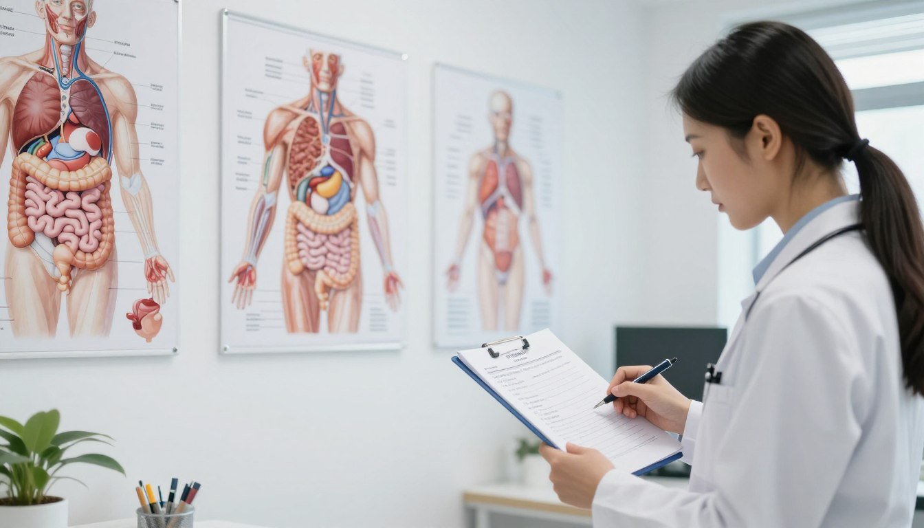 Medical professional reviewing colon health terminology and digestive system diagrams