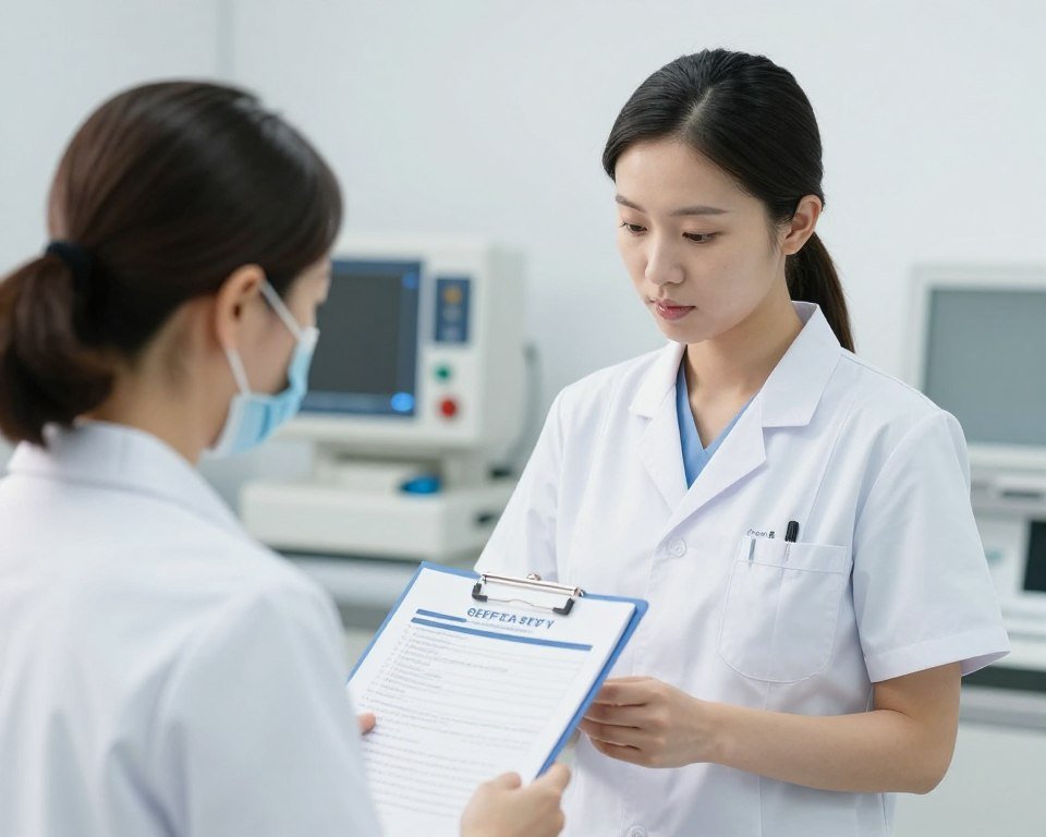 Medical professional reviewing safety protocols and equipment