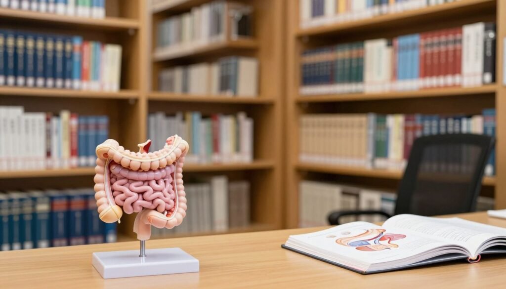 Organized medical reference library with digestive health textbooks and anatomical models