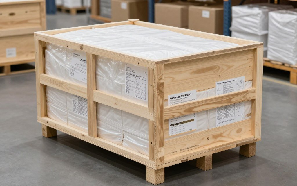 Packaged colonic machine for sale showing protective wooden crate and shipping documentation Packaged colonic machine for sale showing protective wooden crate and shipping documentation