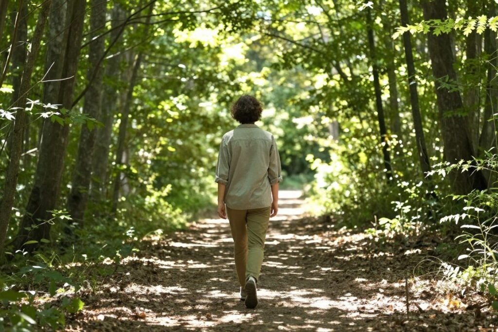 Person enjoying nature walk for stress relief and wellness