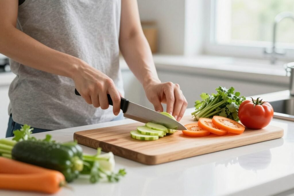 Person preparing healthy meal in modern kitchen Person preparing healthy meal in modern kitchen