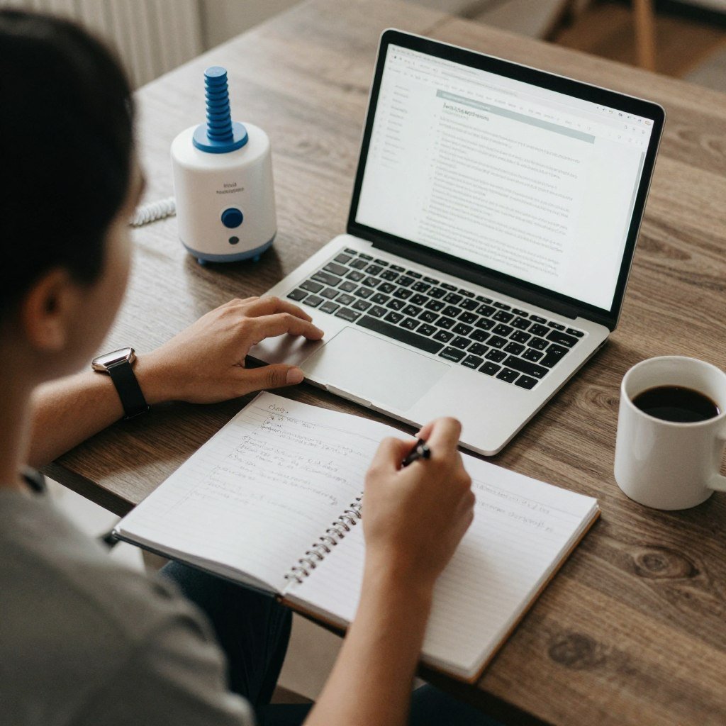 Person researching colonic equipment options on laptop with notes