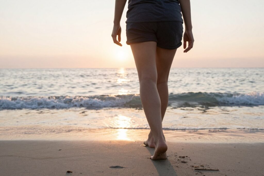 Person walking on beach at sunrise representing health journey Person walking on beach at sunrise representing health journey