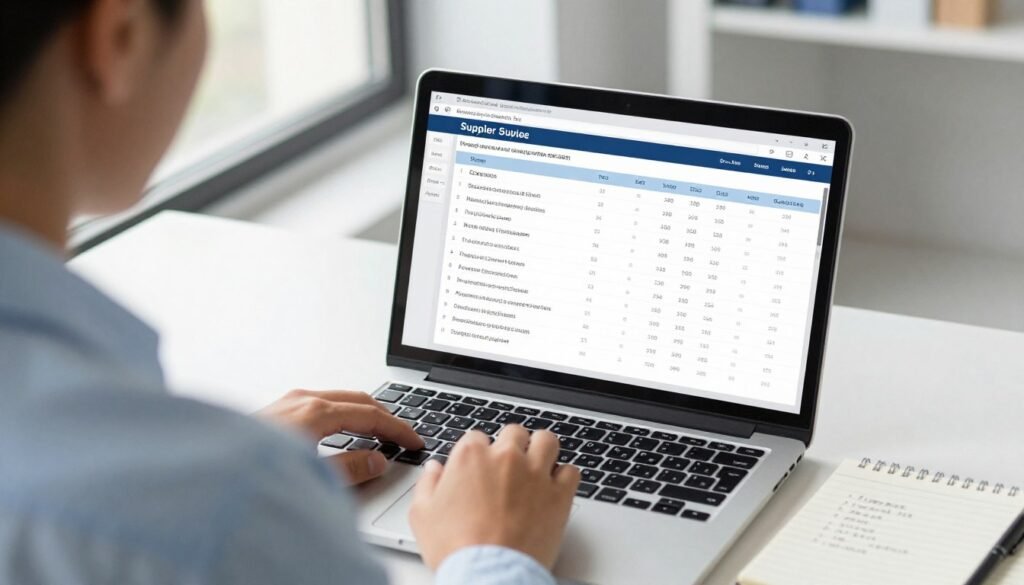 Professional reviewing supplier quotes and comparison documents on laptop