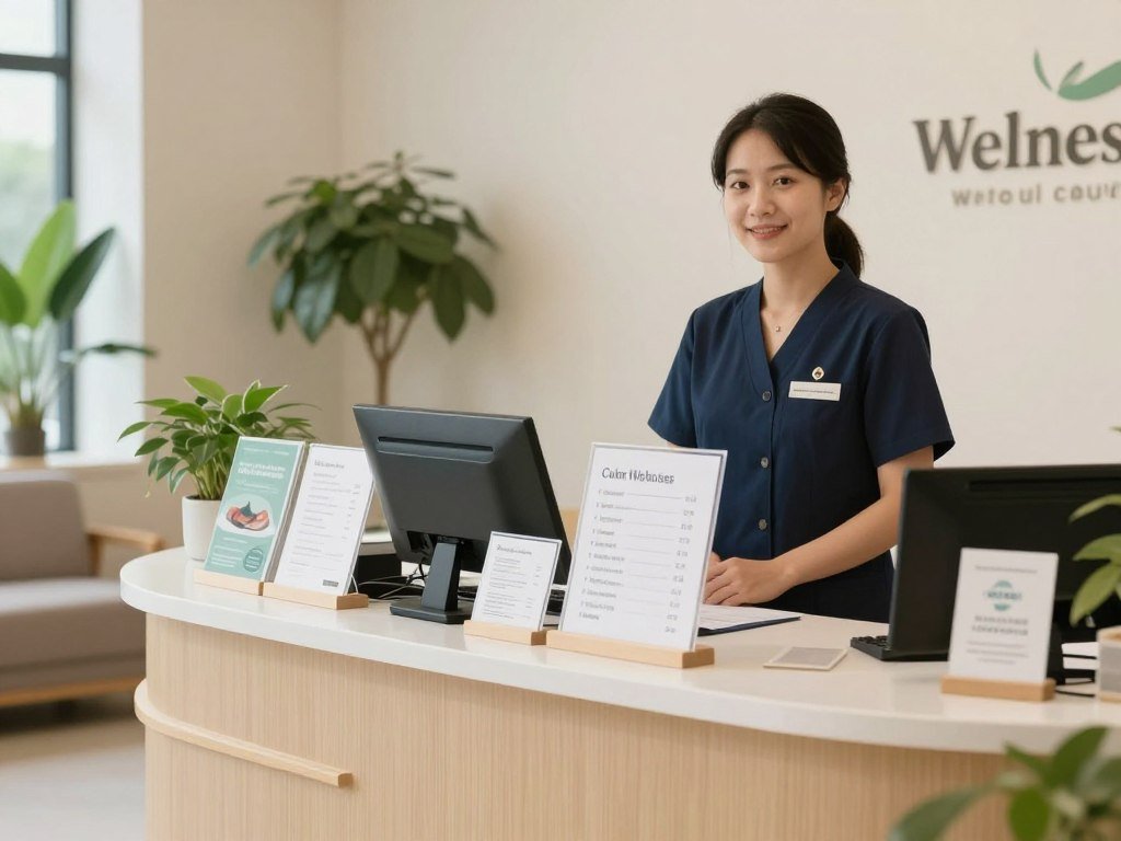 Professional wellness center reception area with treatment packages display