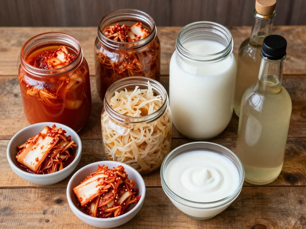 Selection of fermented foods including kimchi, sauerkraut, and yogurt Selection of fermented foods including kimchi, sauerkraut, and yogurt
