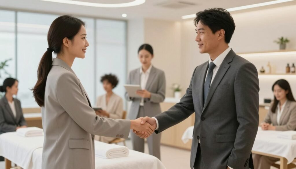 Successful spa business partnership handshake