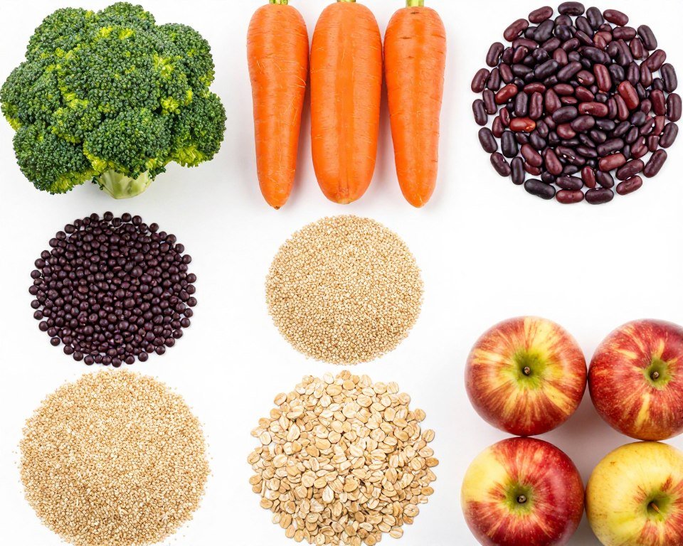 Variety of high fiber foods including vegetables and whole grains Variety of high fiber foods including vegetables and whole grains